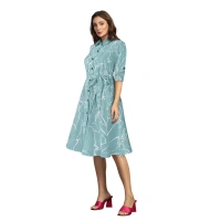 Women's Ruby Cotton Printed Shirt Collar 3-4th Sleeve Dresses (Pista) - S