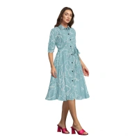 Women's Ruby Cotton Printed Shirt Collar 3-4th Sleeve Dresses (Pista) - S