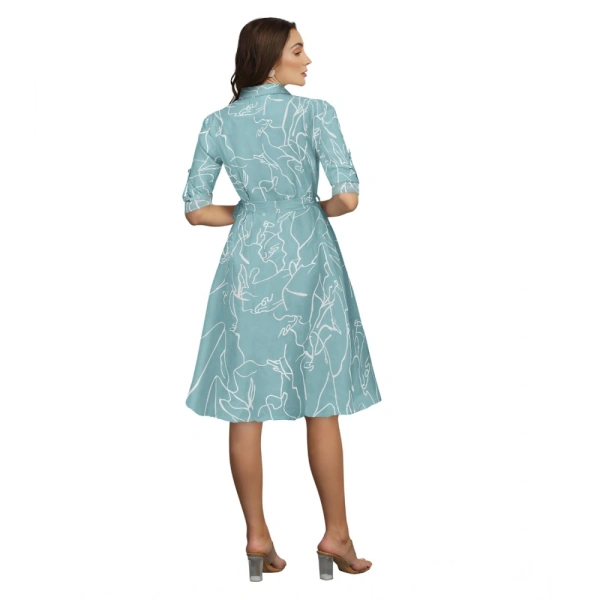Women's Ruby Cotton Printed Shirt Collar 3-4th Sleeve Dresses (Pista) - S