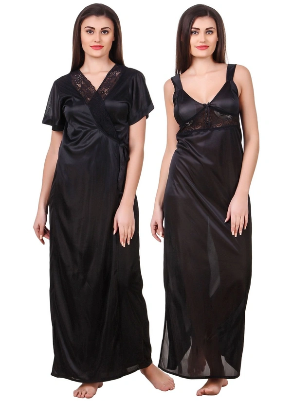Women's Satin 2 PCs Set of Nighty And Wrap Gown with Half Sleeve(Color: Black, Neck Type: Sweatheart Neck) - Black, 0.35, L