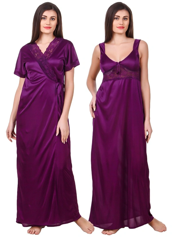 Women's Satin 2 PCs Set of Nighty And Wrap Gown with Half Sleeve(Color: Purple, Neck Type: Sweatheart Neck) - Purple, 0.35, M