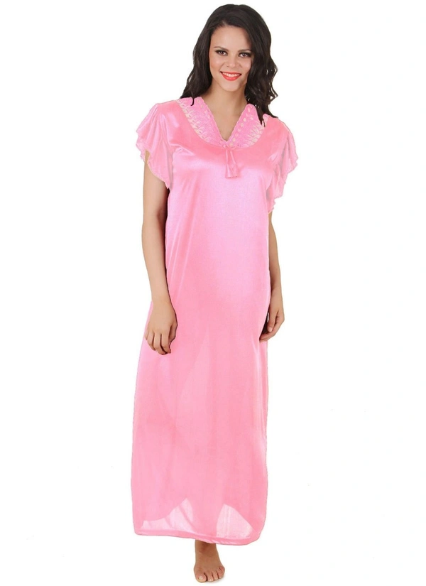 Women's Satin Long Nighty Frill Sleeve(Color: Baby Pink, Neck Type: V Neck) - Baby Pink, 0.35, M