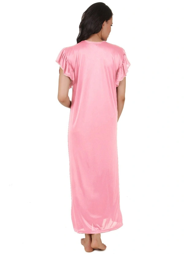 Women's Satin Long Nighty Frill Sleeve(Color: Baby Pink, Neck Type: V Neck) - Baby Pink, 0.35, M