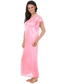 Women's Satin Long Nighty Frill Sleeve(Color: Baby Pink, Neck Type: V Neck) - Baby Pink, 0.35, M