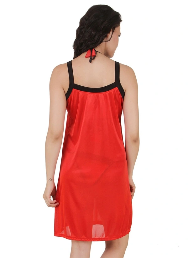 Women's Satin Short Nighty with Sleeve Less(Color: Red, Neck Type: Square Neck) - Red, 0.35, M