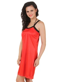 Women's Satin Short Nighty with Sleeve Less(Color: Red, Neck Type: Square Neck) - Red, 0.35, M