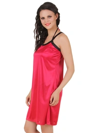 Women's Satin Short Nighty with Sleeve Less(Color: Wine and Black, Neck Type: Square Neck) - Wine and Black, 0.35, L
