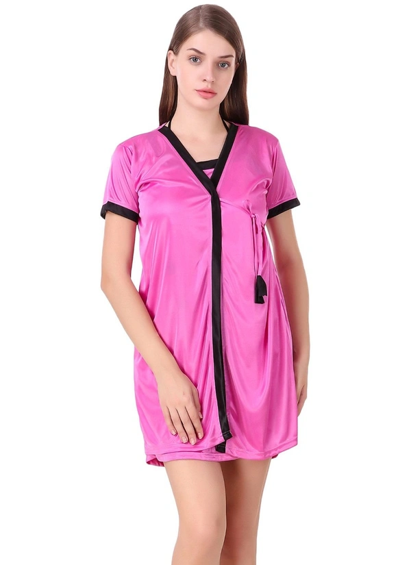 Women's Satin Short Wrap Gown with Half Sleeve(Color: Pink and Black, Neck Type: V Neck) - Pink and Black, 0.35, L