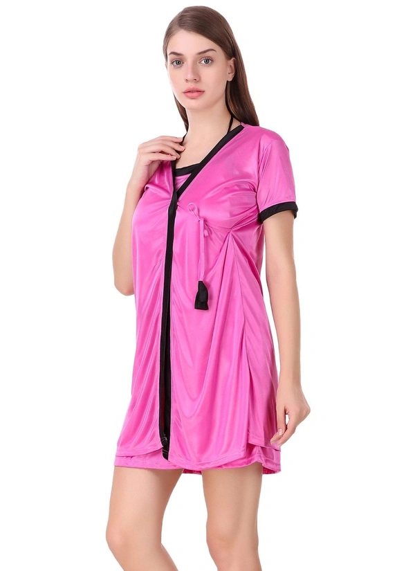 Women's Satin Short Wrap Gown with Half Sleeve(Color: Pink and Black, Neck Type: V Neck) - Pink and Black, 0.35, L