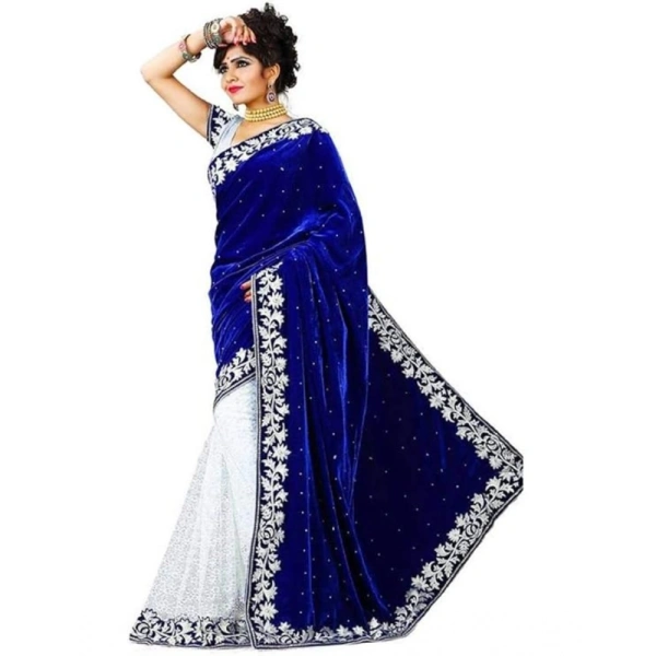 Women's Velvet Embroidered Saree With Unstitched Blouse (Blue, 5.5 Mtr) - Blue