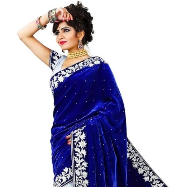 Women's Velvet Embroidered Saree With Unstitched Blouse (Blue, 5.5 Mtr) - Blue