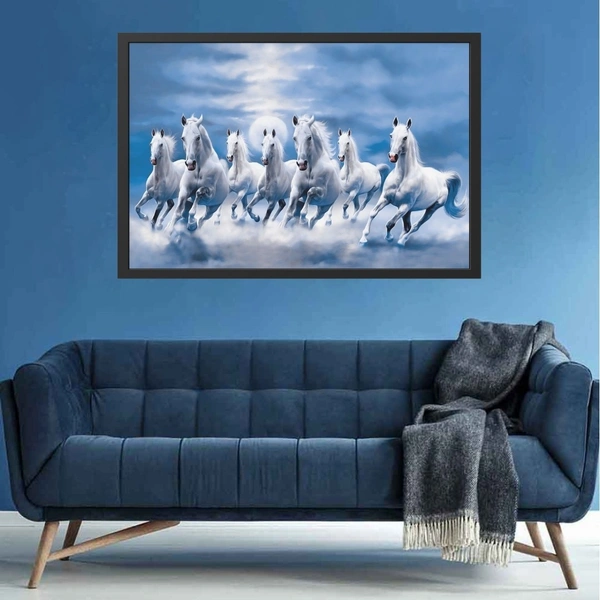 Seven Lucky Running Vastu Horses Art Framed Painting Ocean Blue theme  (18 x 12 inch)