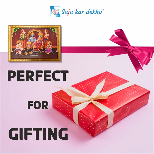 SAJA KAR DEKHO HD SHREE RAM DARBAR HD PHOTO WITH CYNTHATIC WOODEN FRAME / High Quality Golden Frame - 20 X 14