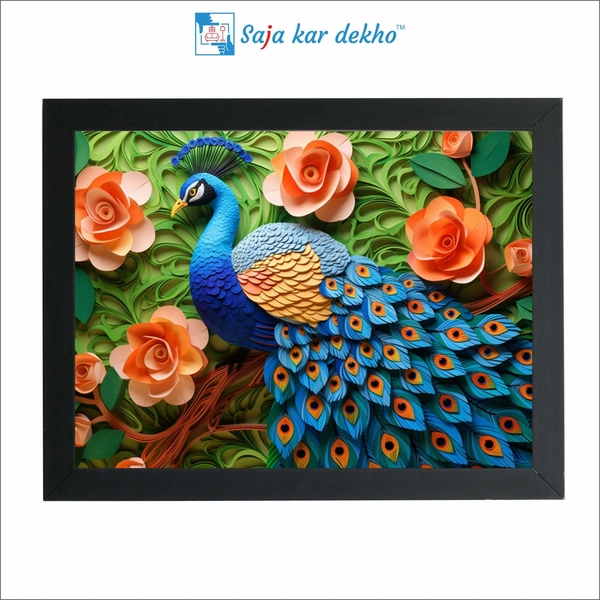 Beautiful Peacock With Light Orange Flower High Quality Weather Resistant HD Wall Frame | 18 x 12 inch |