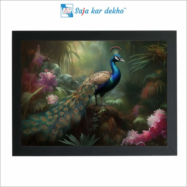 Beautiful Peacock With Green Nature And Pink Flowers High Quality Weather Resistant HD Wall Frame | 18 x 12 inch |