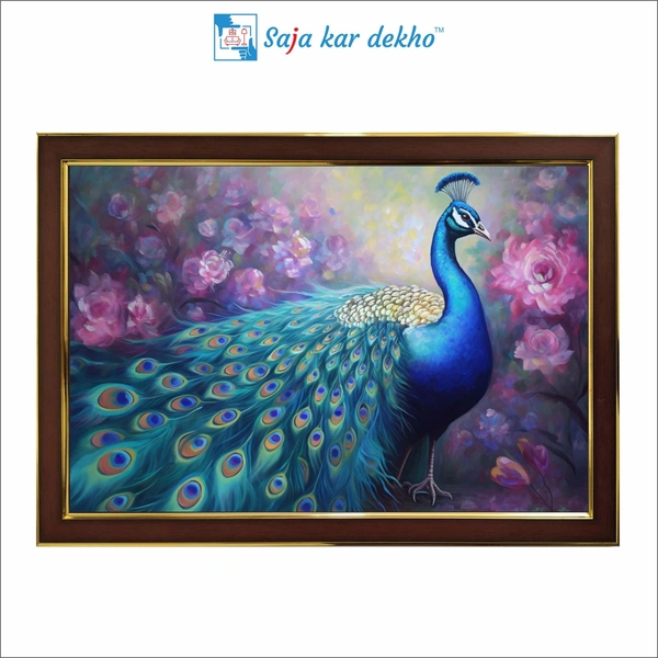 Peacock With Beautiful Pink Flowers Background High Quality Weather Resistant HD Wall Frame | 18 x 12 inch |