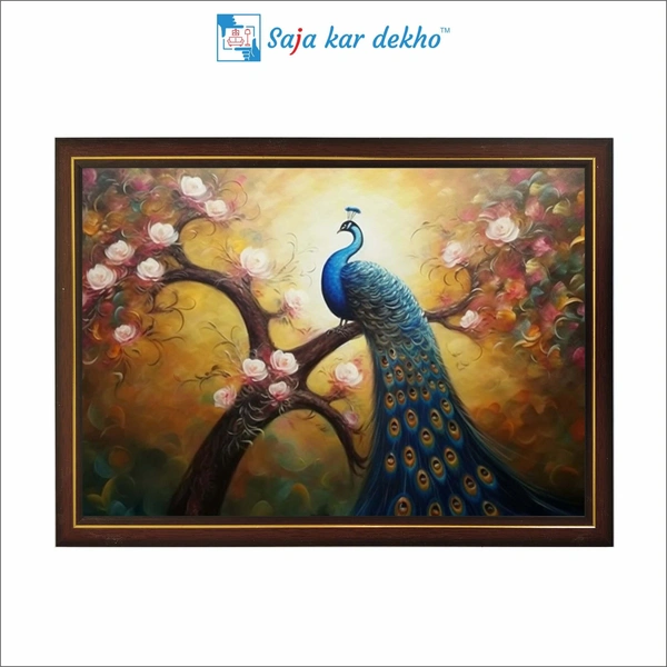 A Peacock Sits On A Tree With Beautiful Flowers High Quality Weather Resistant HD Wall Frame | 18 x 12 inch |