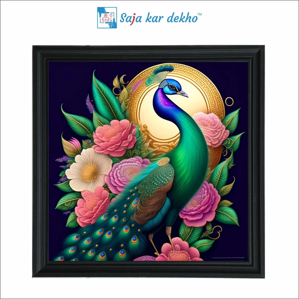 Peacock With Flowers And A Moon In The Background High Quality Weather Resistant HD Wall Frame | 20 x 20 inch |