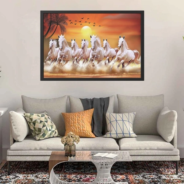 Seven Lucky Running Vastu Horses Art Framed Painting (18 x 12 inch)