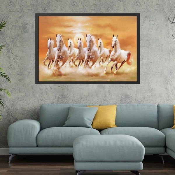 Seven Lucky Running Vastu Horses Art Framed Painting Orange theme  (18 x 12 inch)