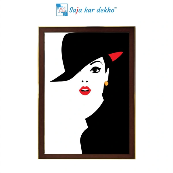 Woman Red Lipstick With Hat High Quality Weather Resistant HD Wall Frame | 18 x 12 inch |
