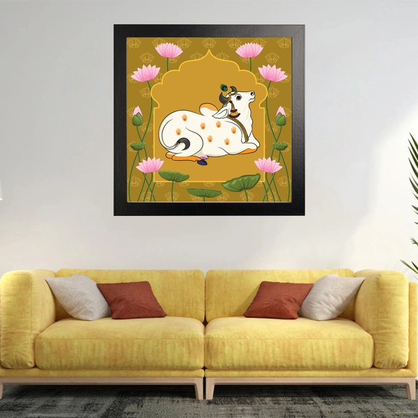 Cow And Lotus Flowers High Quality Weather Resistant HD Wall Frame | 20 x 20 inch |