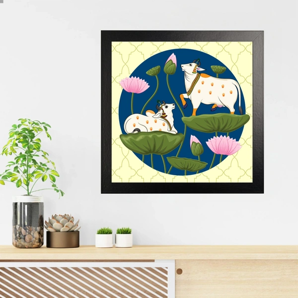 Two Cow And Lotus Flowers High Quality Weather Resistant HD Wall Frame | 20 x 20 inch |