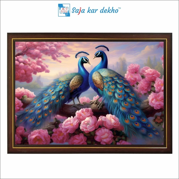 Two Peacock With Pink Flowers High Quality Weather Resistant HD Wall Frame | 12 x 18 inch |