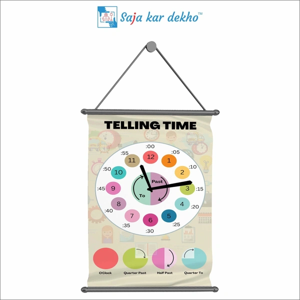 TELLING TIME Wall Handing Poster For Kids | TELLING TIME With Picture High Quality Weather Resistant HD Wall Poster | 30 x 48 inch |