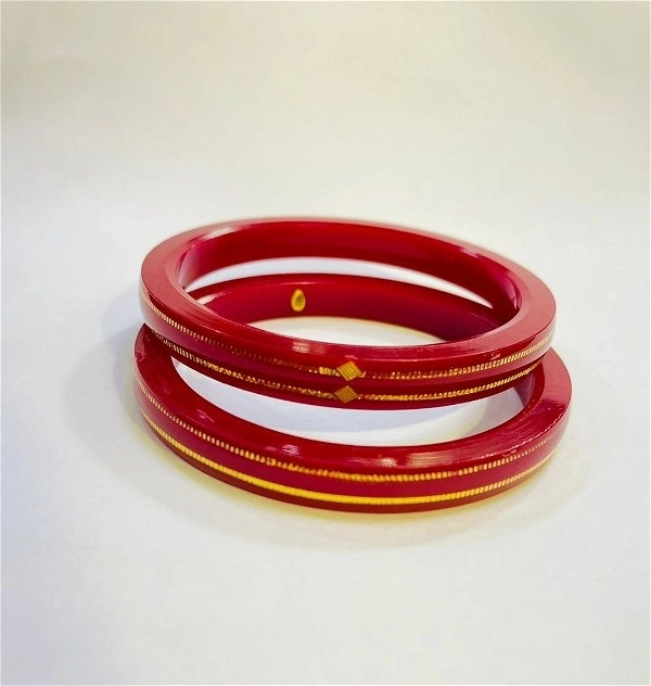 TRJ MAHALAXMI RED DOUBLE DEKKER HUID HALLMARK 916 22KT GOLD POLA BADHANO BANGLES VIRAL POLA (LAMINATED) 1 PAIR APPROX. WGT: 0.400 GM WITH PURITY SMART CARD - 27 (2/7)