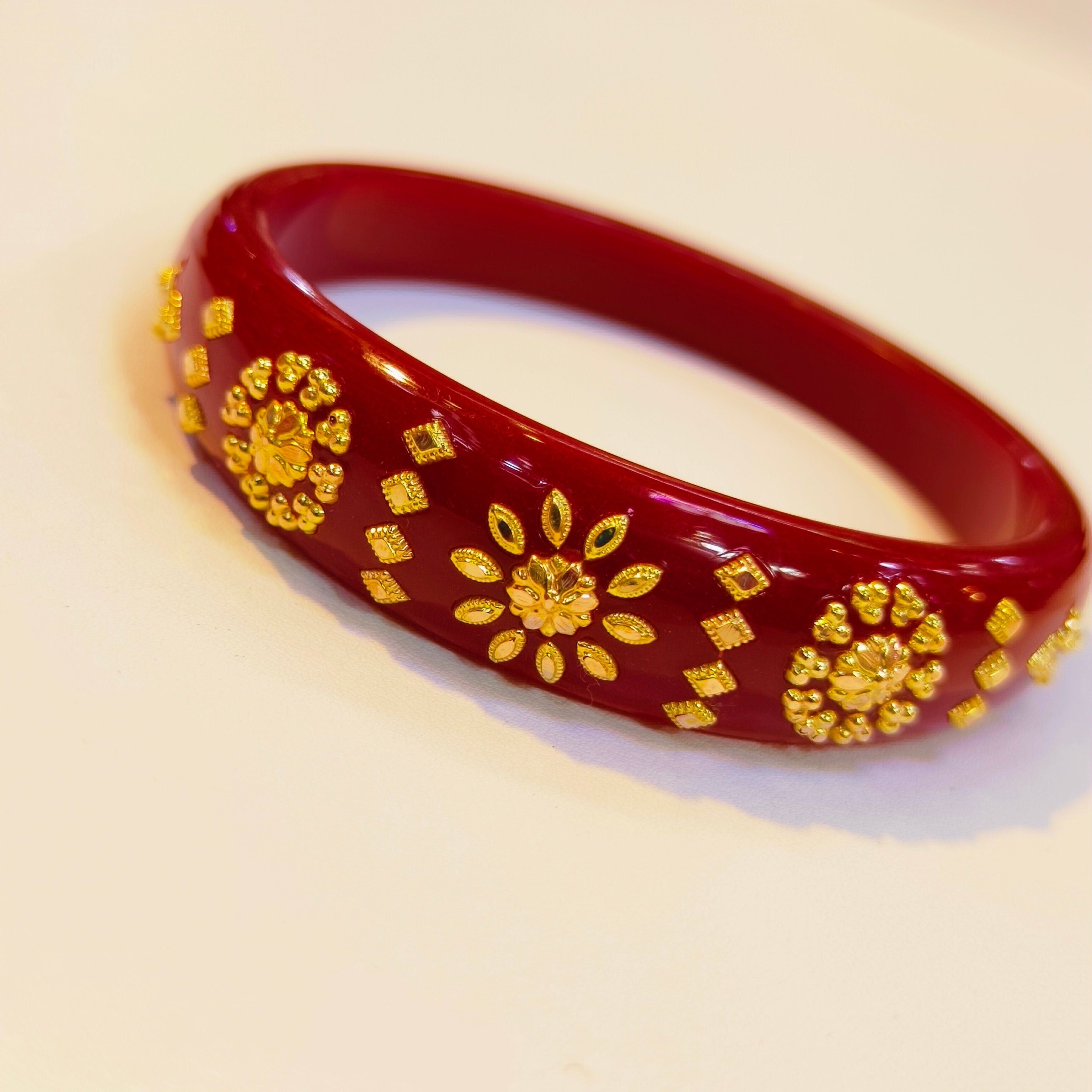 Buy Plastic Gold Plated Shakha Pola Bangle Set for Women (Mukh Flower Red &  786 Fish White) (2-4) at Amazon.in