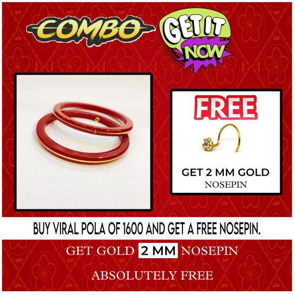 COMBO OFFER RED HUID HALLMARK 22KT GOLD VIRAL POLA LITES VERSION (LAMINATED) 1 PAIR APPROX WGT: 0.100 GM WITH FREE NOSEPIN (NON EXCHANGABLE) - 26