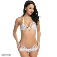 Ceniz Lace Lingerie Babydoll 2 Piece Sexy Brasso Net Blended Bra and Panty Set (White) - M