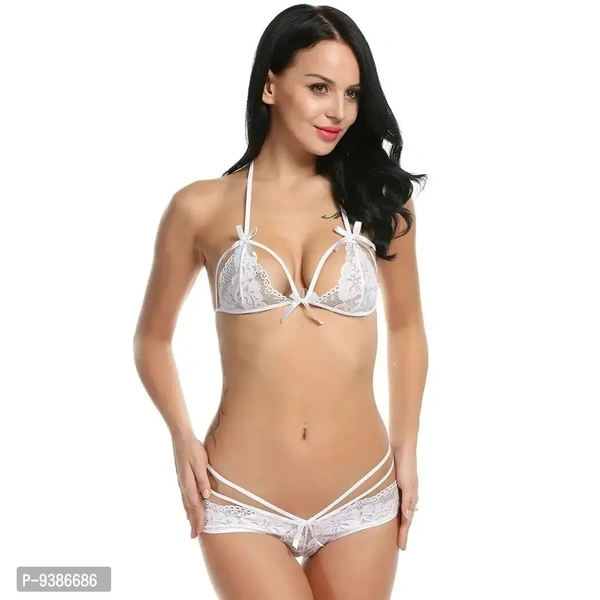 Ceniz Lace Lingerie Babydoll 2 Piece Sexy Brasso Net Blended Bra and Panty Set (White) - M