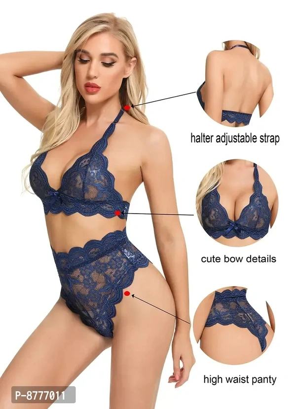 Stylish Dark Blue Lace Bra And Panty Set For Women