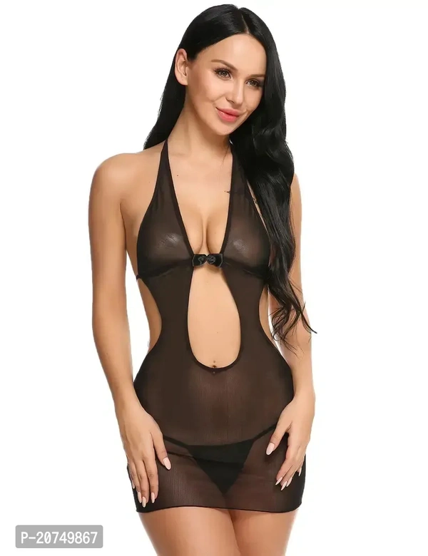Solid Net Babydoll Dress -Black (Size - Free )