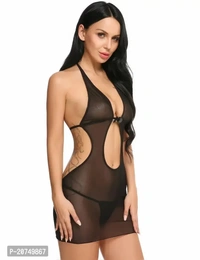Solid Net Babydoll Dress -Black (Size - Free )
