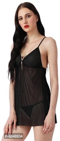 Net Black Solid Sexy Netted Baby Doll For Women