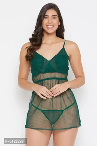 Elegant Green Lace Solid Shoulder Straps Babydoll With Thong For Women- 2 Pieces - L