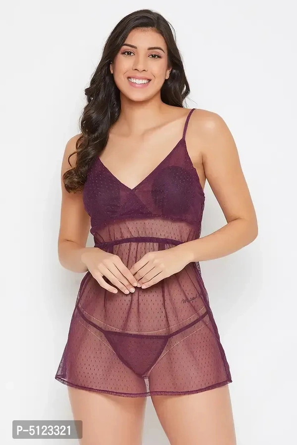 Elegant Purple Lace Solid Shoulder Straps Babydoll With Thong For Women- 2 Pieces - M