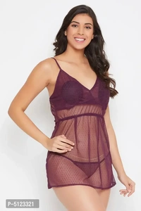 Elegant Purple Lace Solid Shoulder Straps Babydoll With Thong For Women- 2 Pieces - M