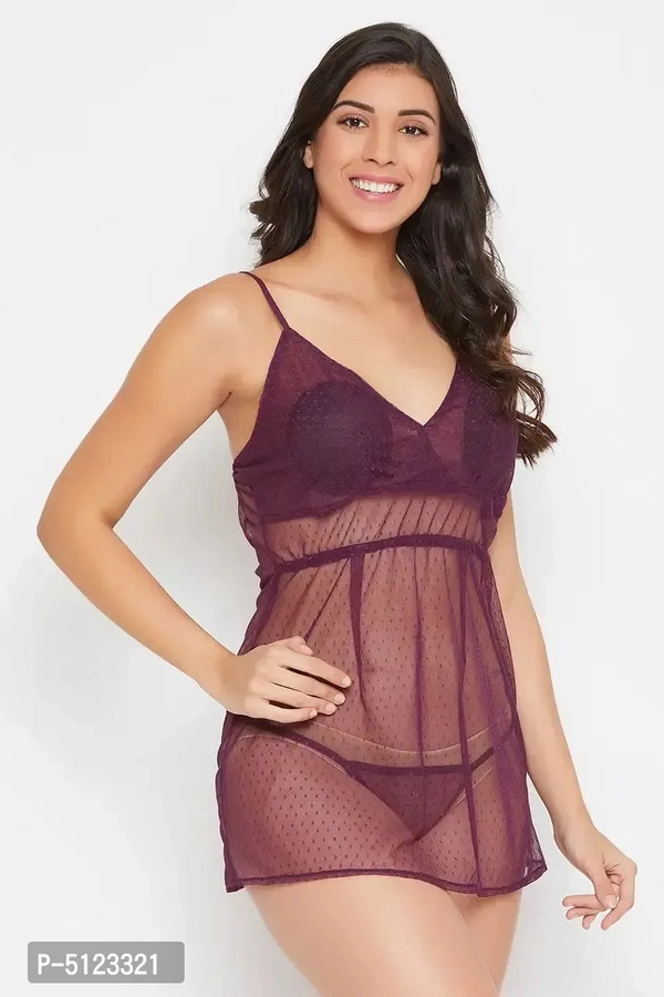 Elegant Purple Lace Solid Shoulder Straps Babydoll With Thong For Women- 2 Pieces - M