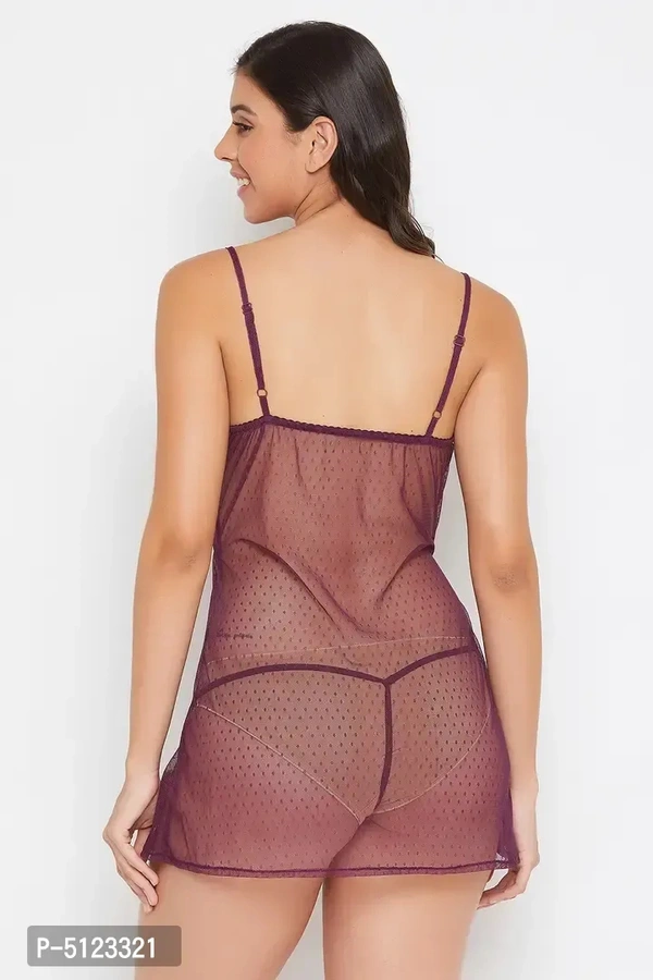 Elegant Purple Lace Solid Shoulder Straps Babydoll With Thong For Women- 2 Pieces - M