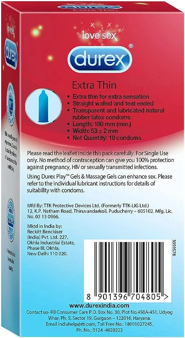 Durex Extra Thin Condoms for Men - 10 Count | Suitable for use with lubes & toys
