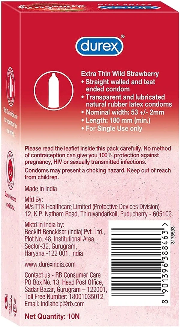 Durex Extra Thin Wild Strawberry Condoms For Men - 10s