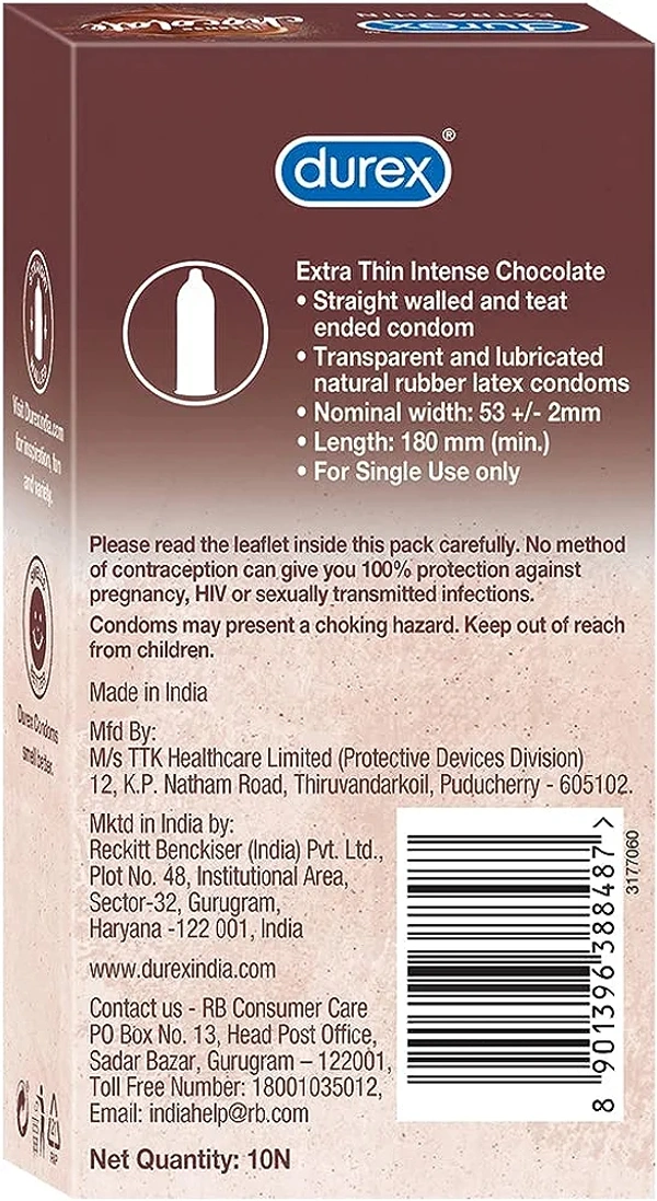 Durex Extra Thin Intense Chocolate Flavoured Condoms For Men - 10s