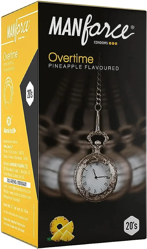 Manforce Overtime Pineapple 3in1 (Ribbed, Contour, Dotted) Condoms - 20 Pieces, Transparent, Large