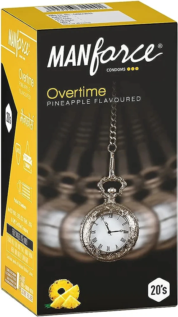 Manforce Overtime Pineapple 3in1 (Ribbed, Contour, Dotted) Condoms - 20 Pieces, Transparent, Large