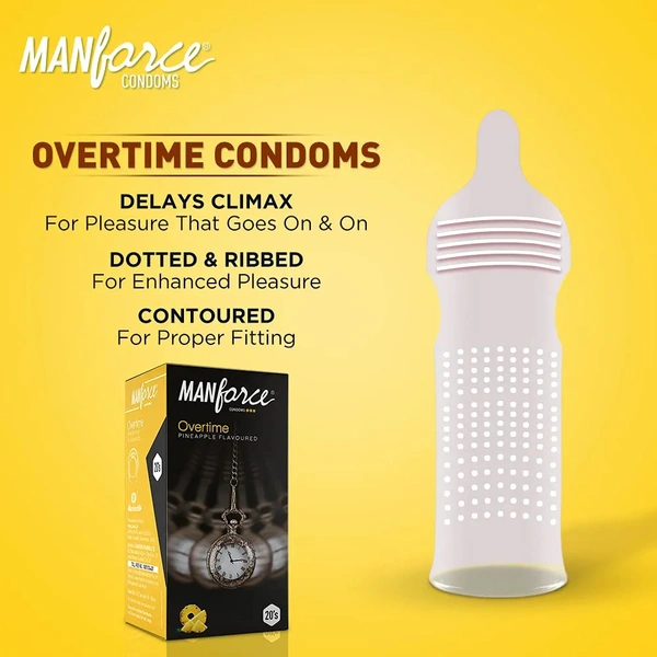 Manforce Overtime Pineapple 3in1 (Ribbed, Contour, Dotted) Condoms - 20 Pieces, Transparent, Large