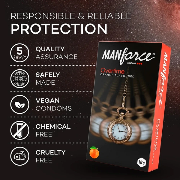 Manforce Overtime Orange Flavoured Condoms for Men| 3-in-1 Ribbed, Contoured, & Dotted for Extra Stimulation| Long-Lasting Pleasure | India’s No. 1* Condom Brand| Lubricated Latex Condoms| 10pcs
